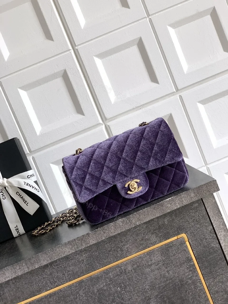 Velvet Quilted Flap Bag with Gold Hardware - Chic Purple — view 1