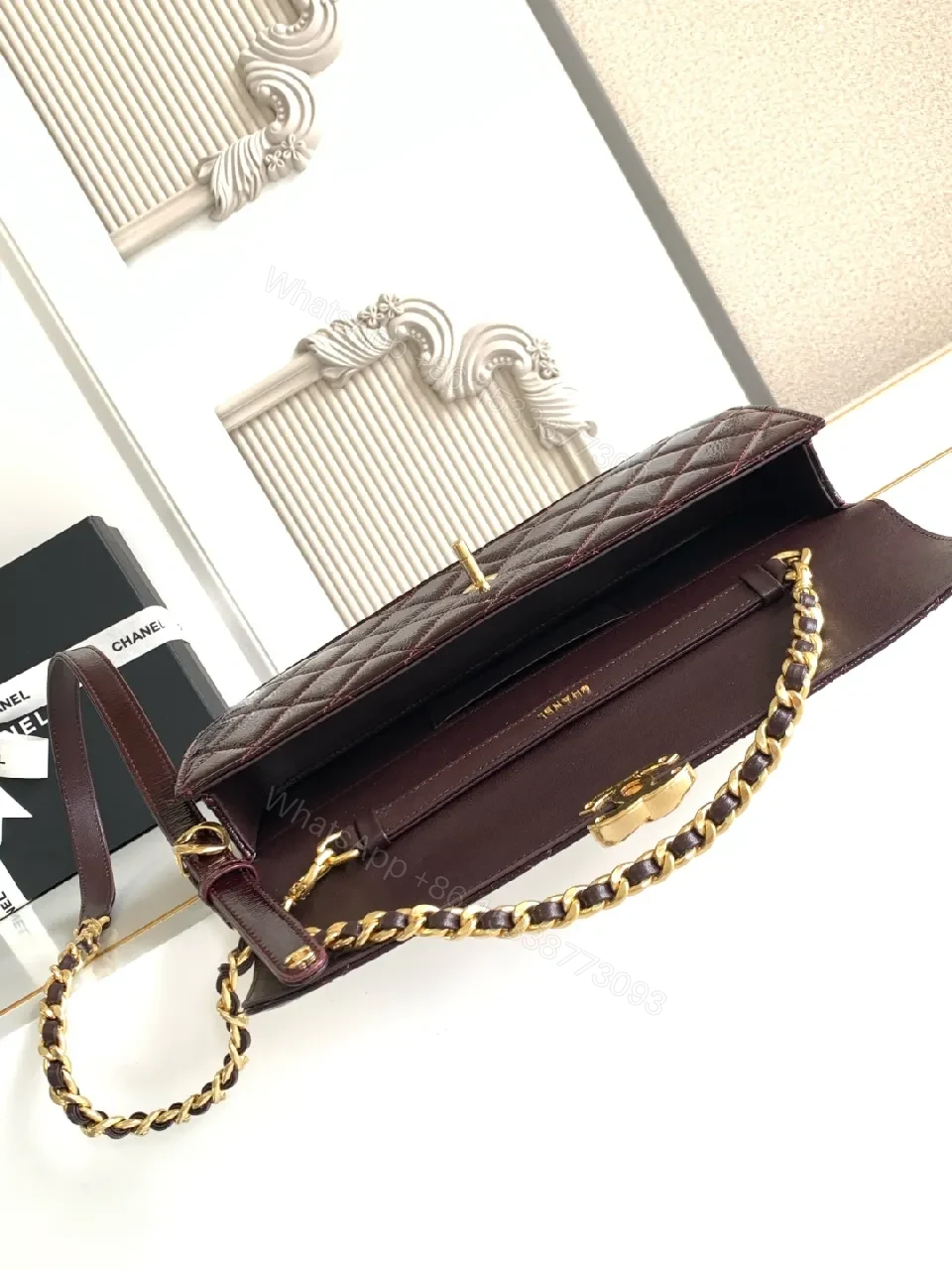 View 8 of Glam Quilted Burgundy Leather Shoulder Bag, Compact Luxury
