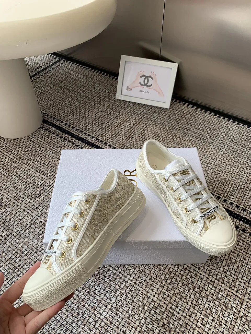 View 5 of Cream Canvas Low-Top Sneakers with Monogram Texture