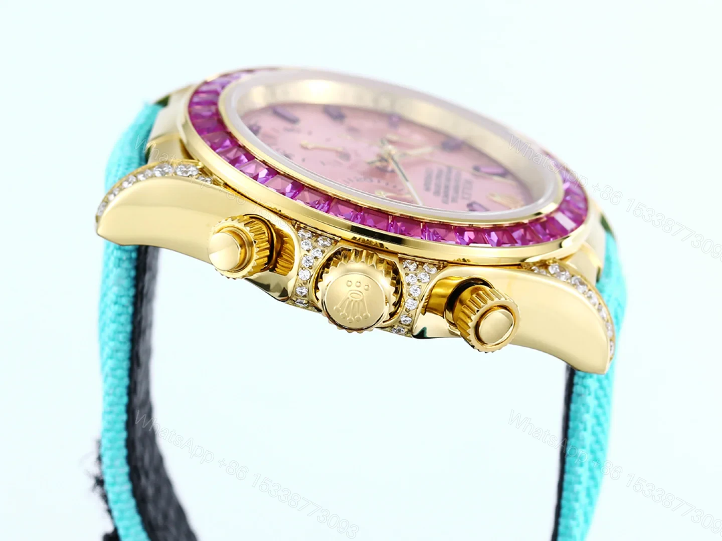 View 6 of Rolex Daytona Pink Ruby Replica 43MM Exclusive Turquoise Fabric Strap RG-ROLEX-DAYTONA-PINK-TURQUOISE-43