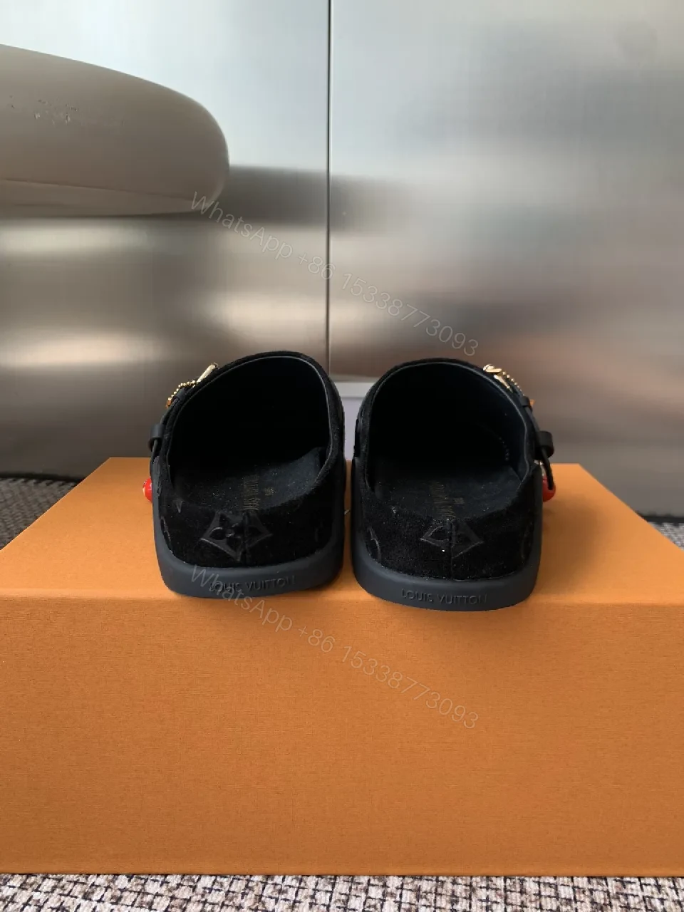 View 5 of Monochrome Velvet Slip-Ons with Gold Hardware