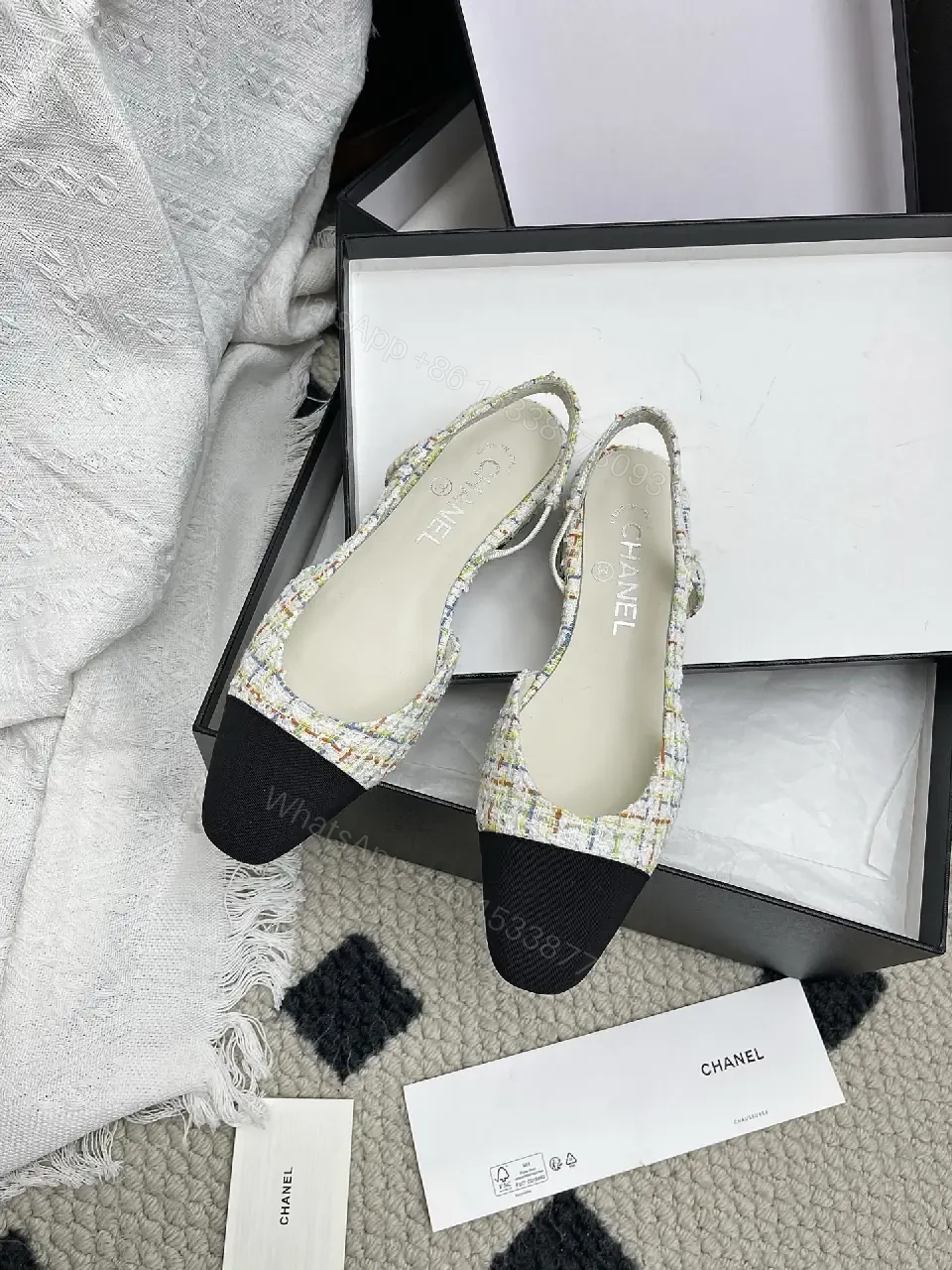 View 9 of Tweed Slingback Pumps with Black Cap Toe - Luxe Comfort