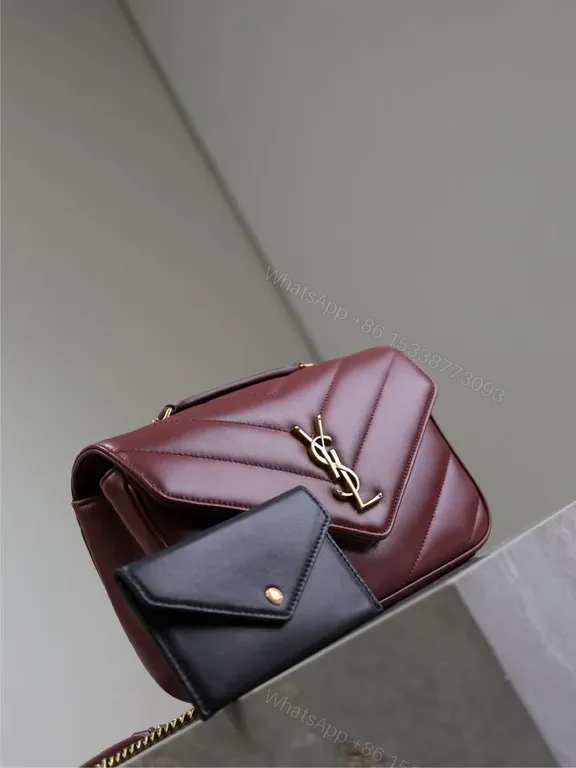 View 7 of Burgundy Quilted Satchel: Gold YSL Logo, Day-to-Night Luxury