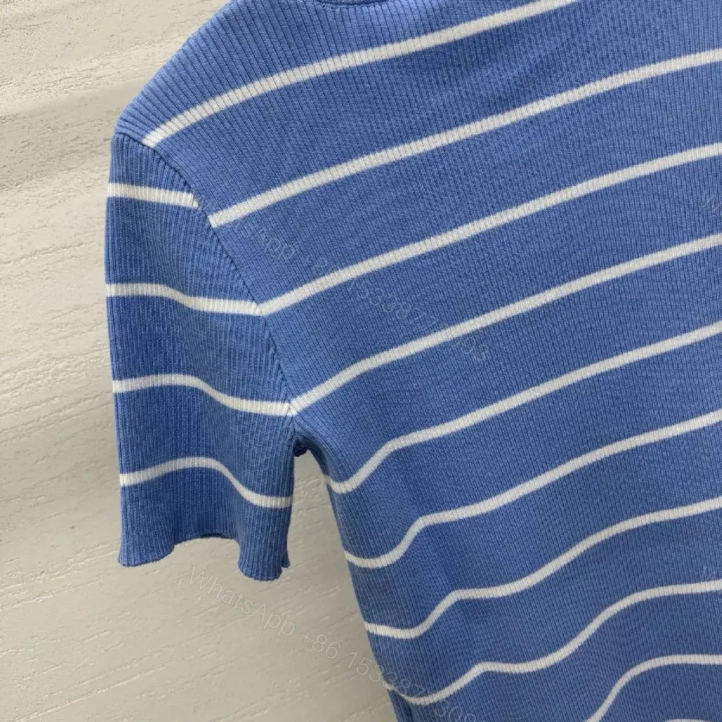 View 7 of Blue Stripes Knit Tee - Elevated Casual Luxury Knit Top