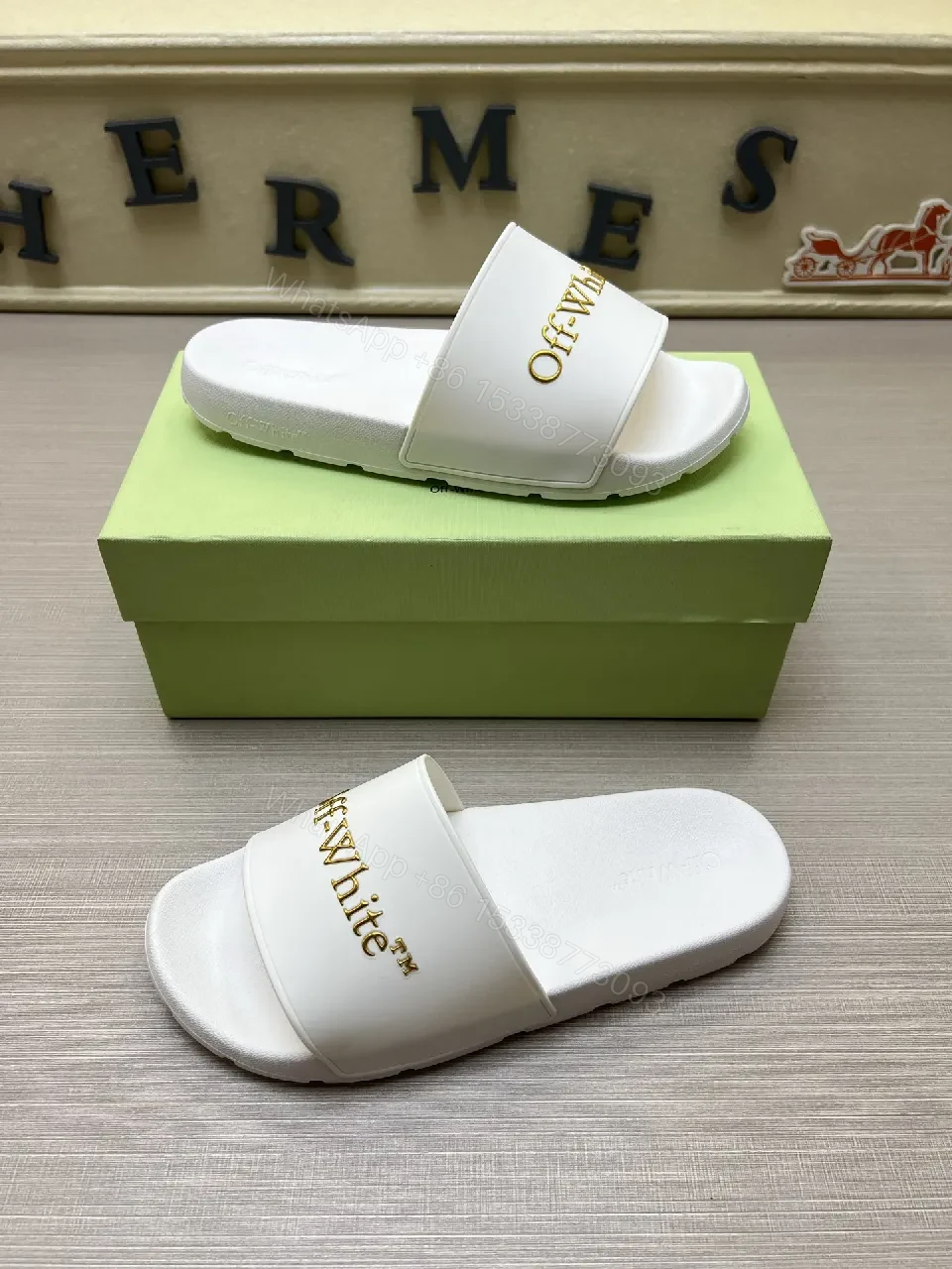 View 2 of White Slide Sandals: Gold-Embroidered Logo, Luxe Minimalist Comfort