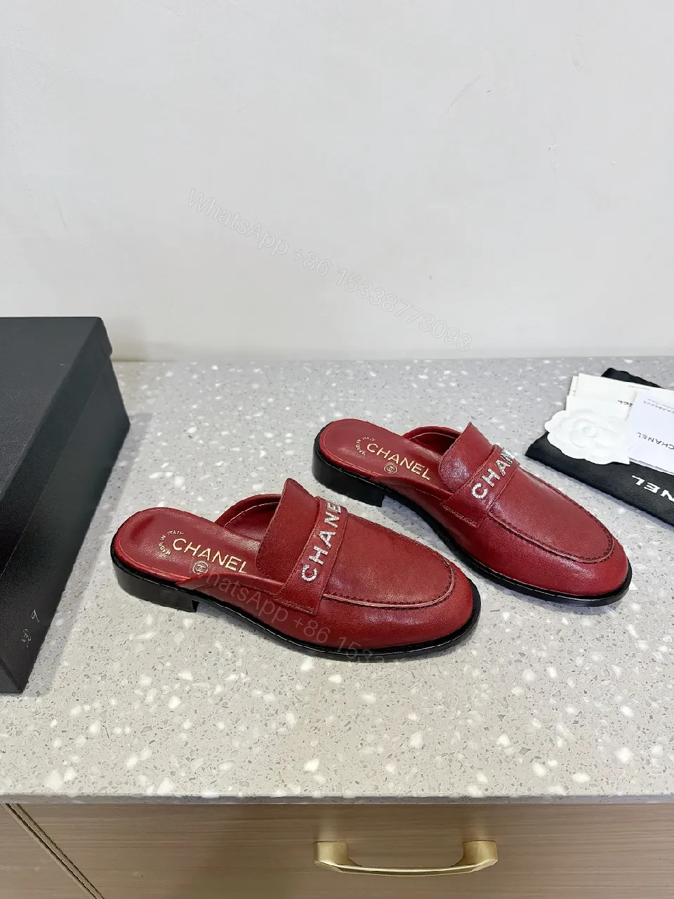 View 5 of Red Leather Slip-Ons with Designer Strap, Vintage Chic Style