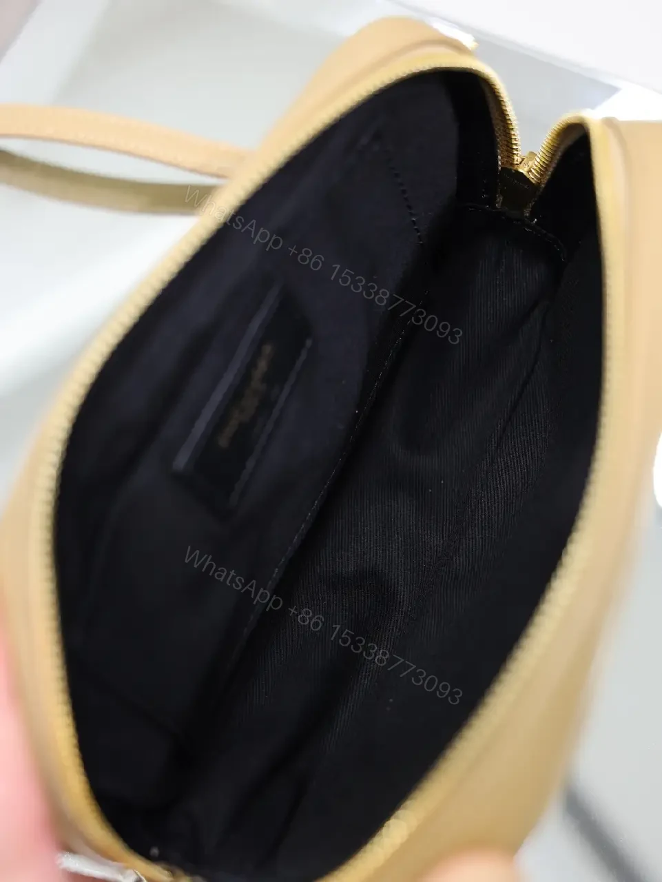 View 4 of Beige Leather Chevron Crossbody Bag with Gold YSL Logo