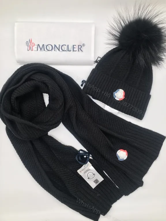 View 5 of Vibrant Red Moncler Knit Set: Scarf & Beanie with Fur Pom-Pom