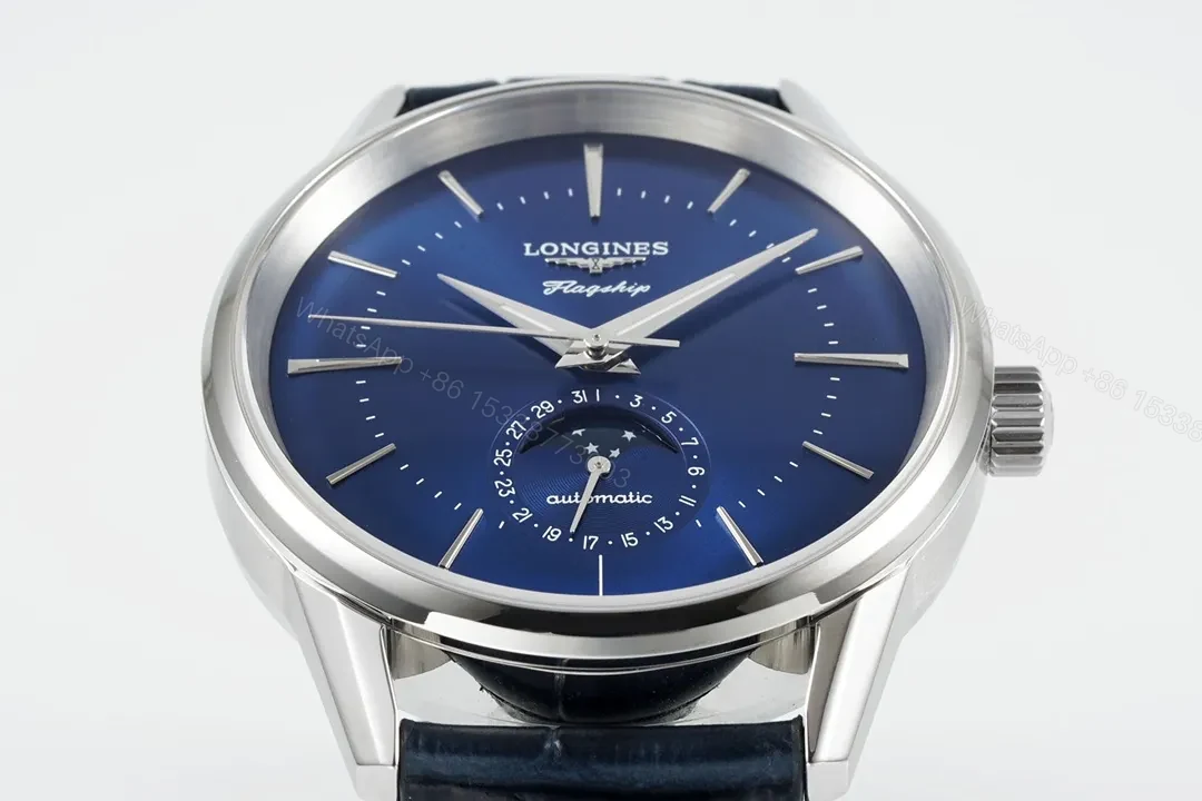 View 5 of Longines Classic Flagship Blue Dial Moon Phase Automatic Watch with Leather Strap
