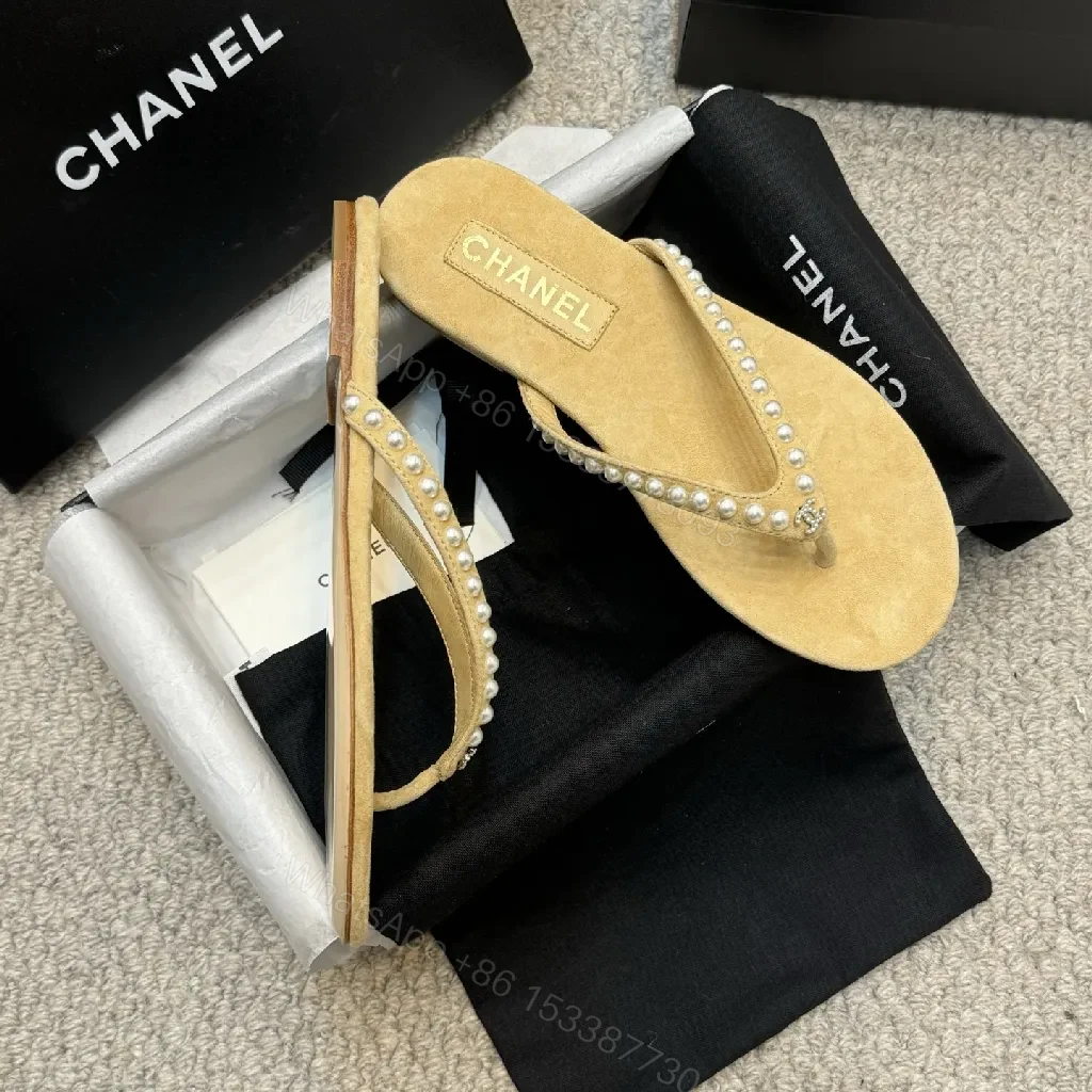 View 8 of Pearl-Trim Sandals: Suede Footbed, Beaded Straps, Beige Leather