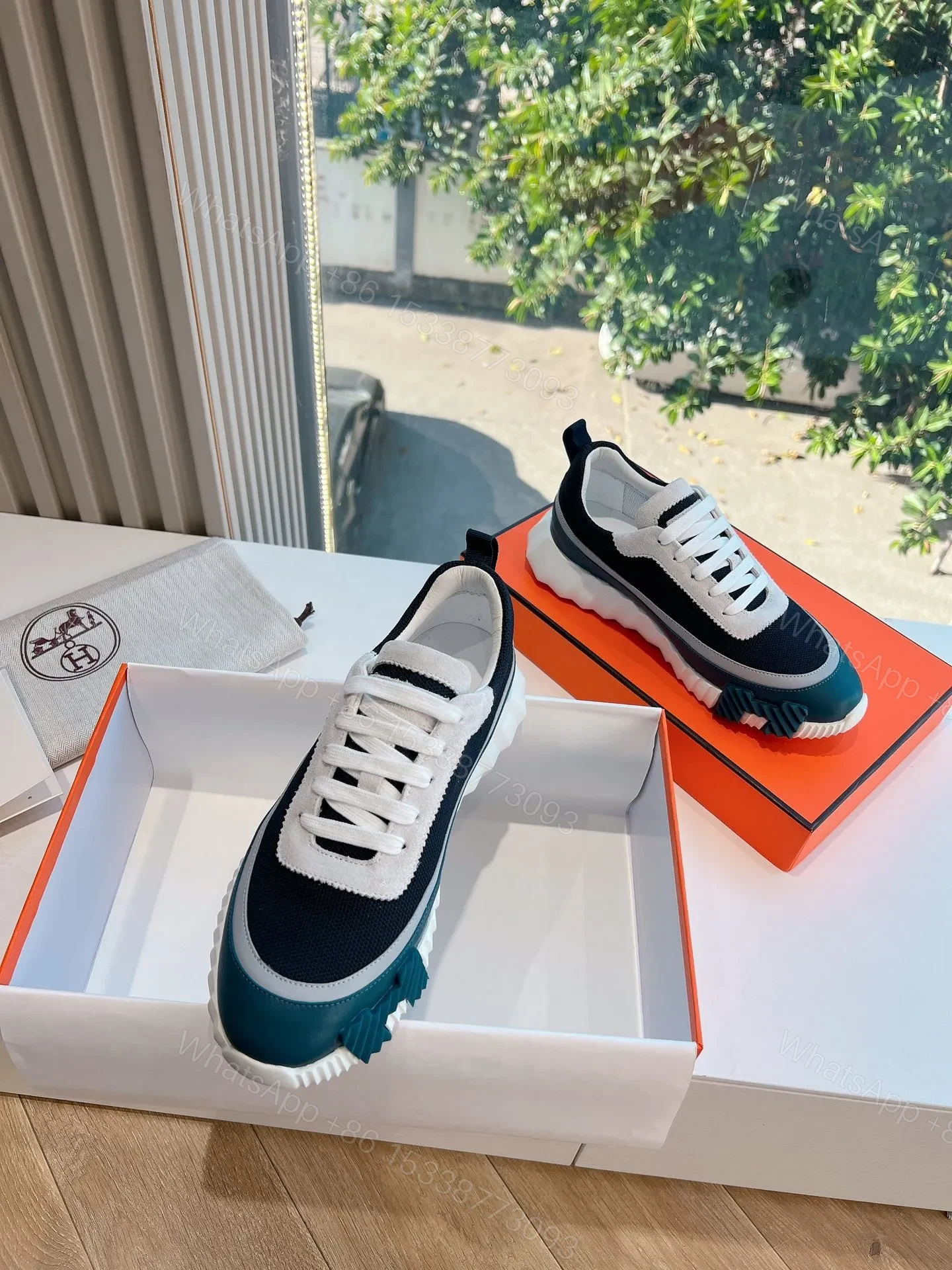 View 4 of Hermes Women Navy Blue White Mesh Sneakers