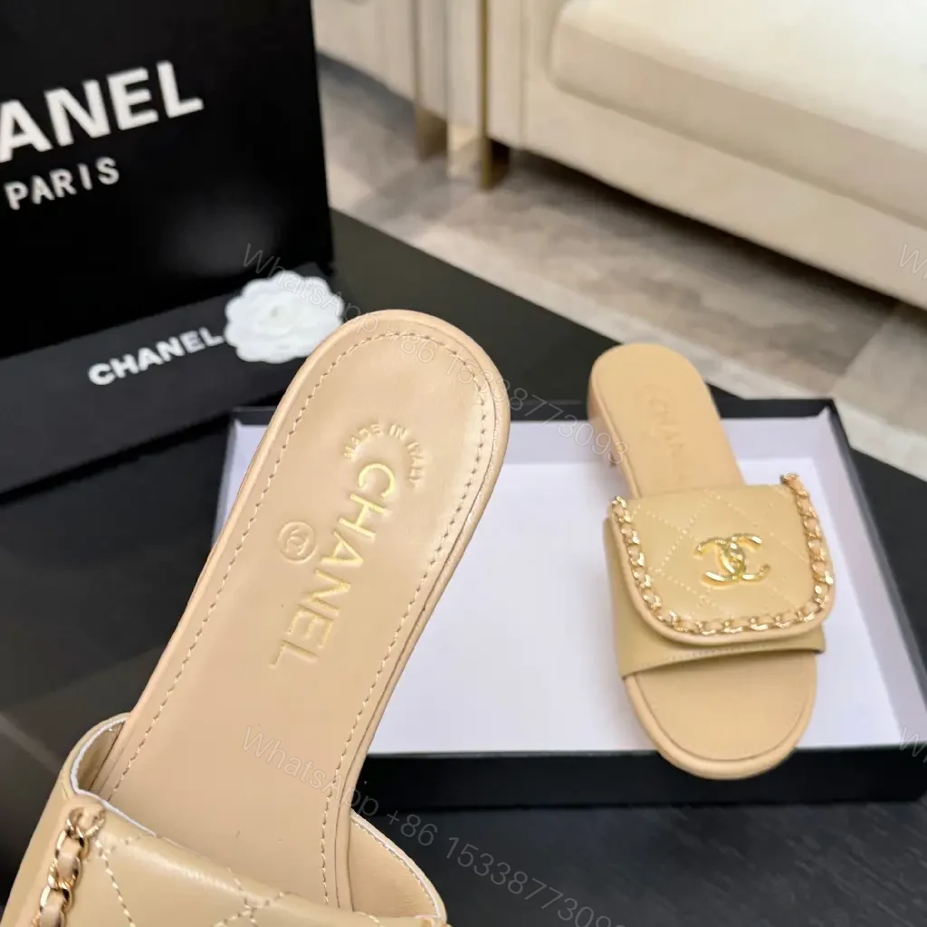 View 4 of Beige Quilted Leather Slide with Gold Crest, Luxe Casual