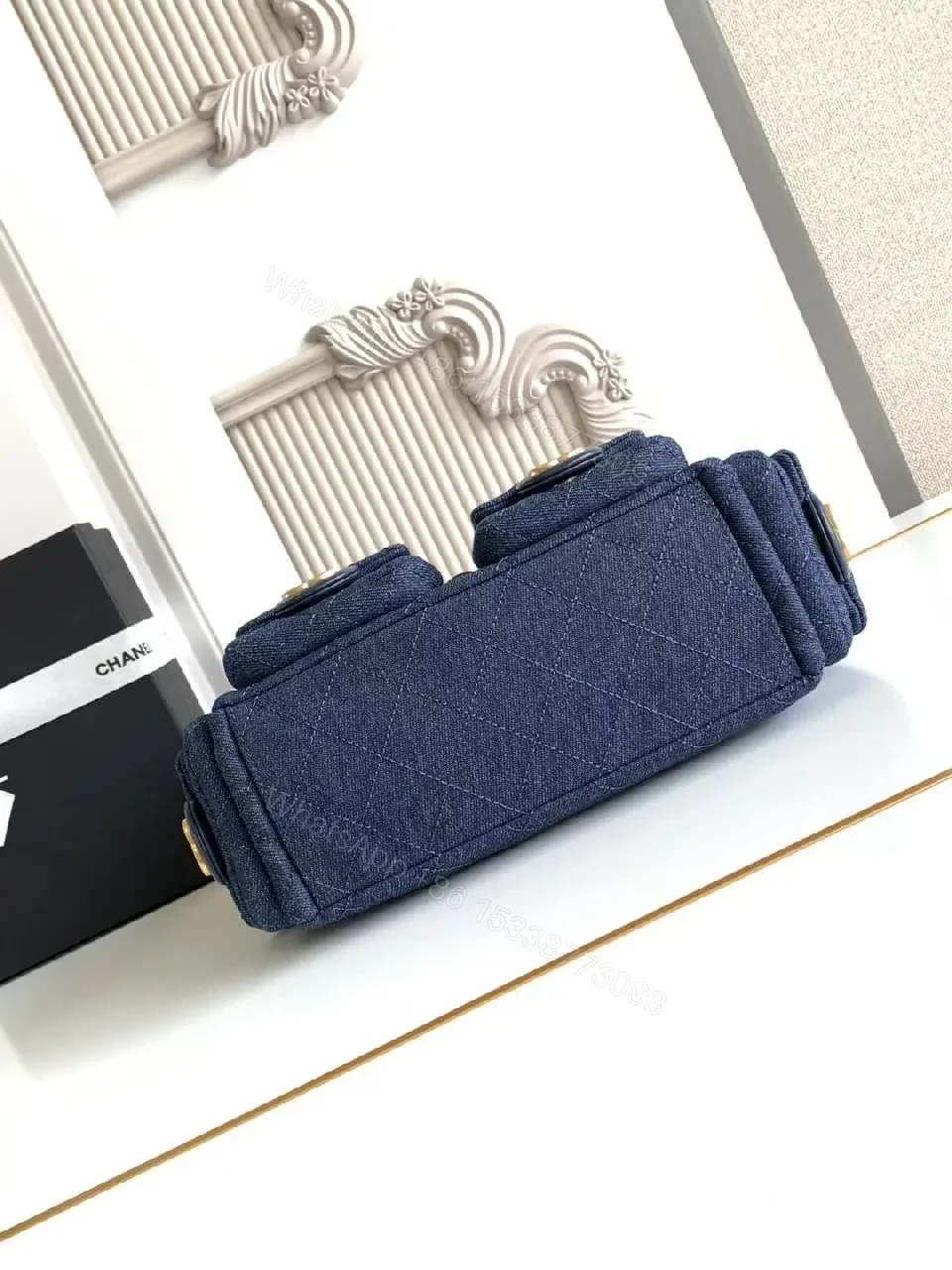 View 8 of Quilted Denim Shoulder Bag with Gold Chain Hardware