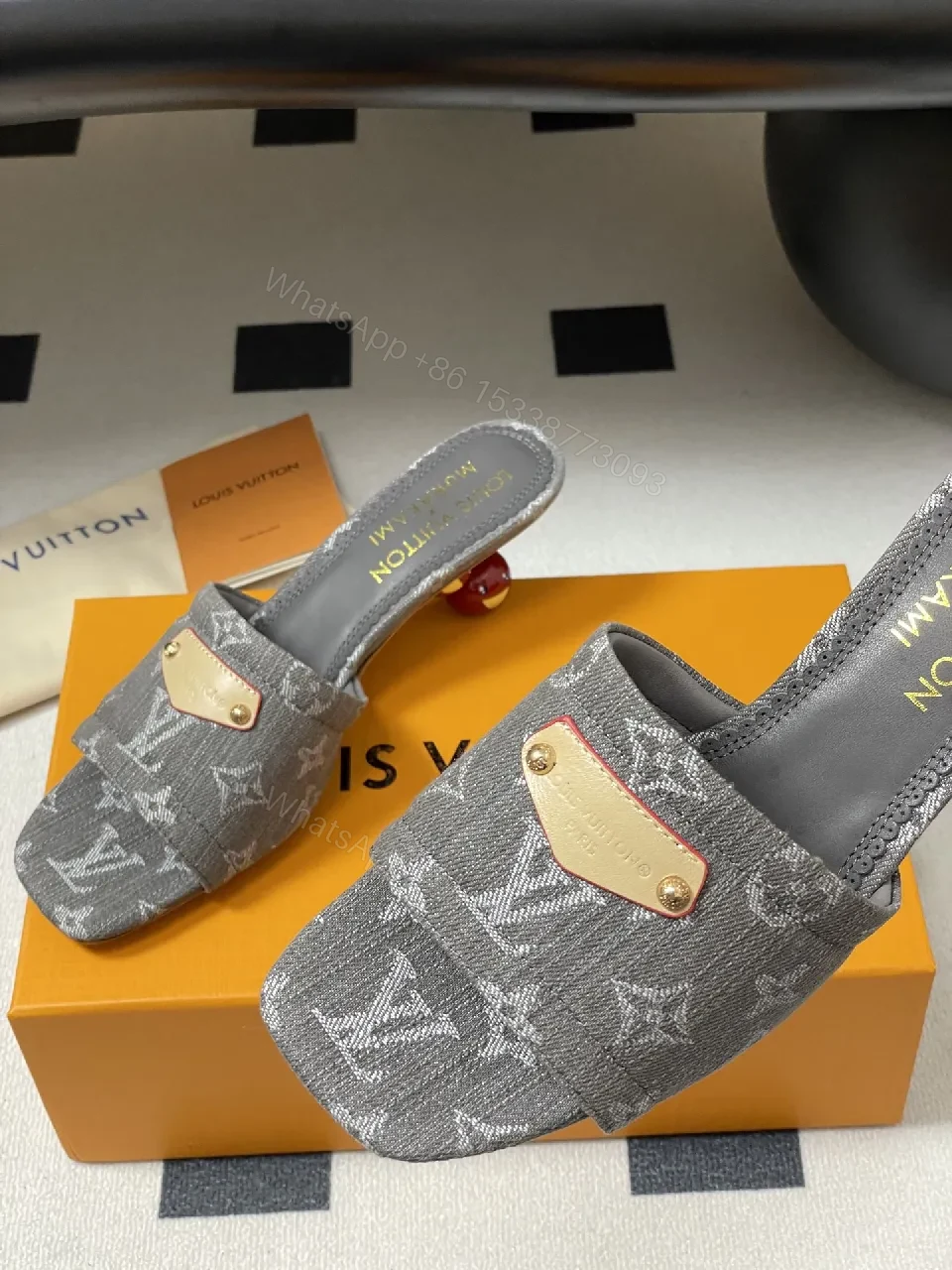 View 7 of Grey Velvet Monogram Mules with Leather Accents: Elevated Comfort