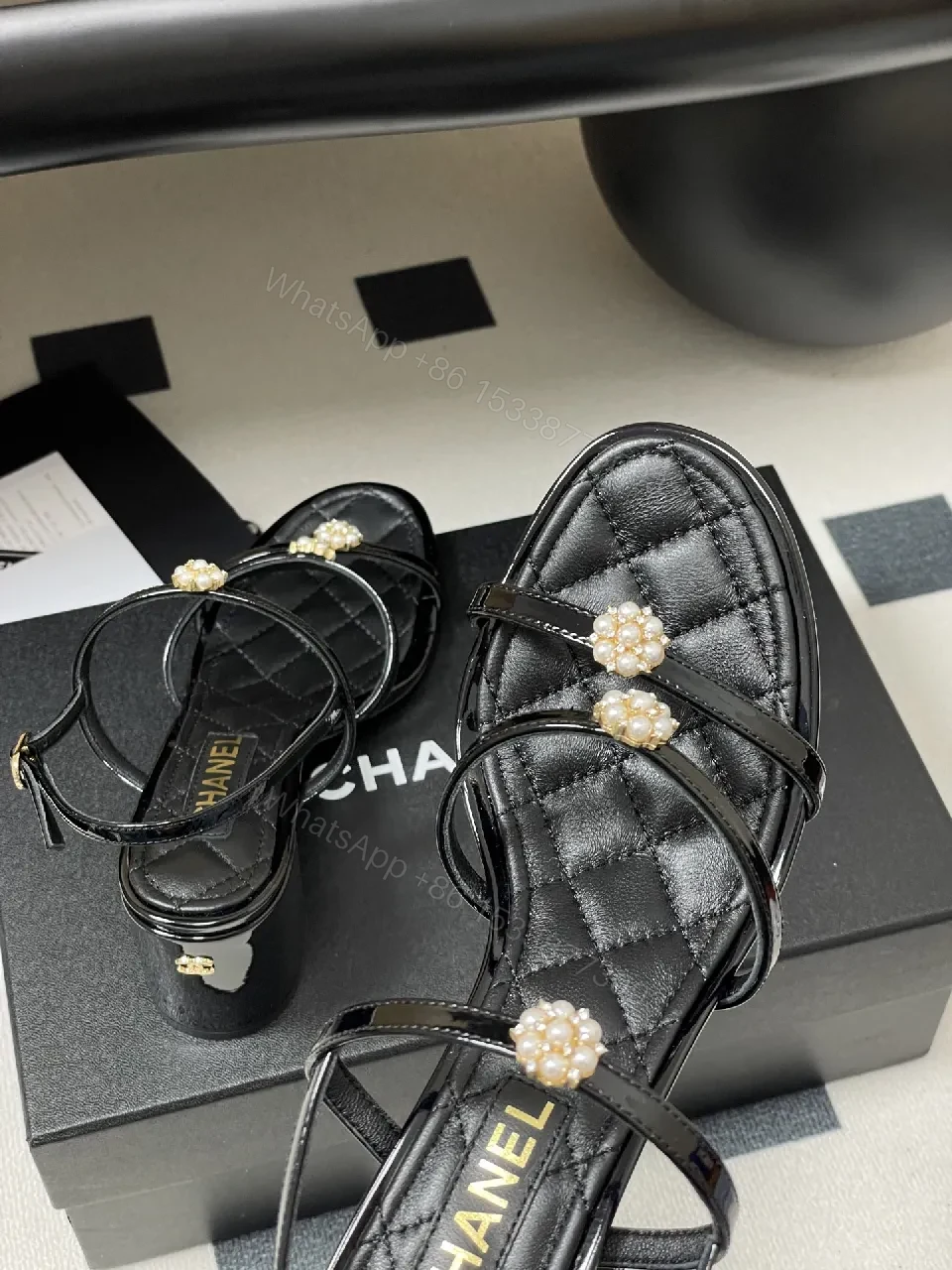 View 2 of Pearl-Embellished Quilted Strappy Sandals - Modern Glam Comfort