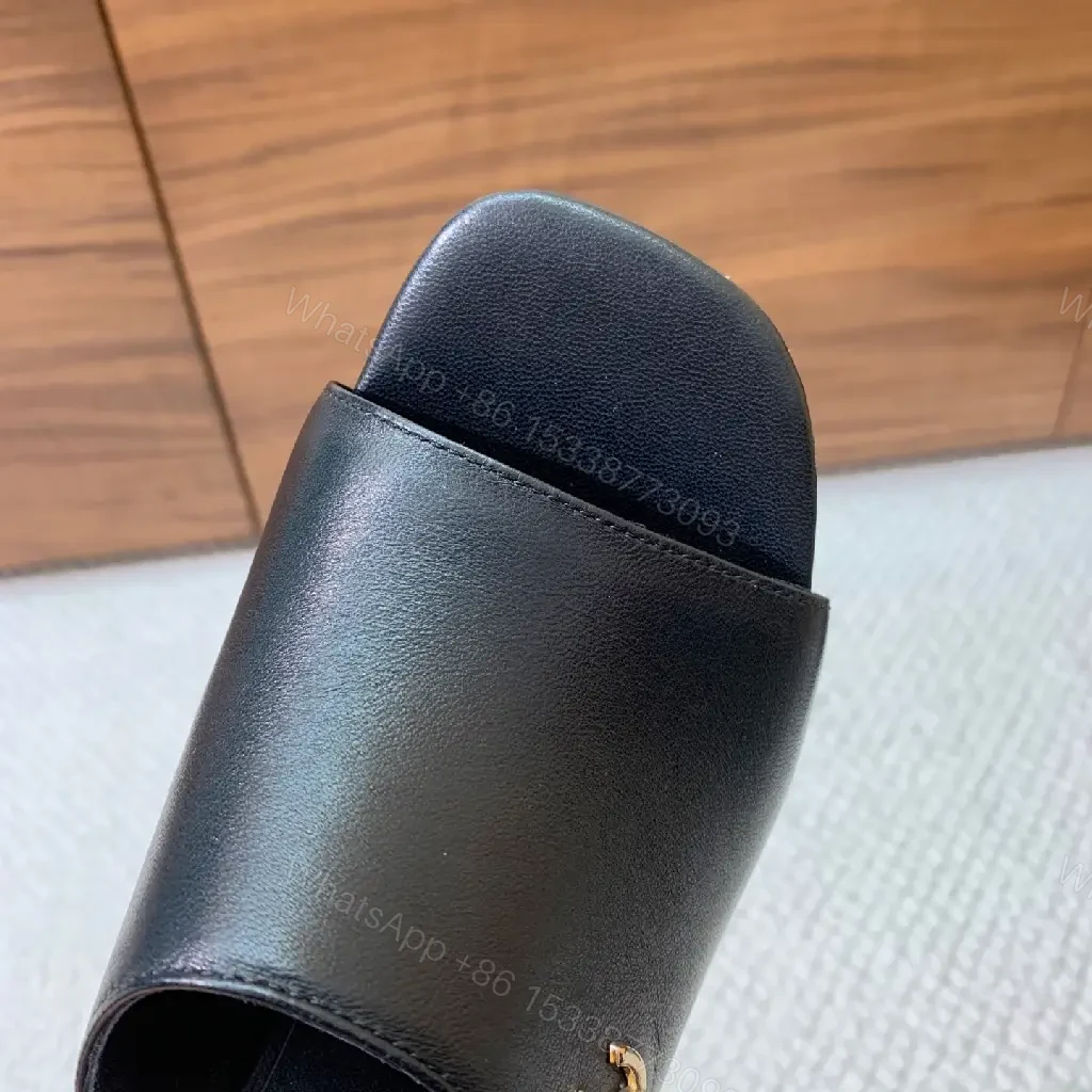 View 3 of Chic Black Leather Slide Heels – Luxe Comfort, Gold Hardware