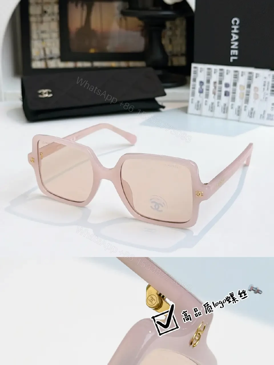 View 5 of Black Frame Oversized Sunglasses with Gold Chanel Logos, Matte Gray Lenses