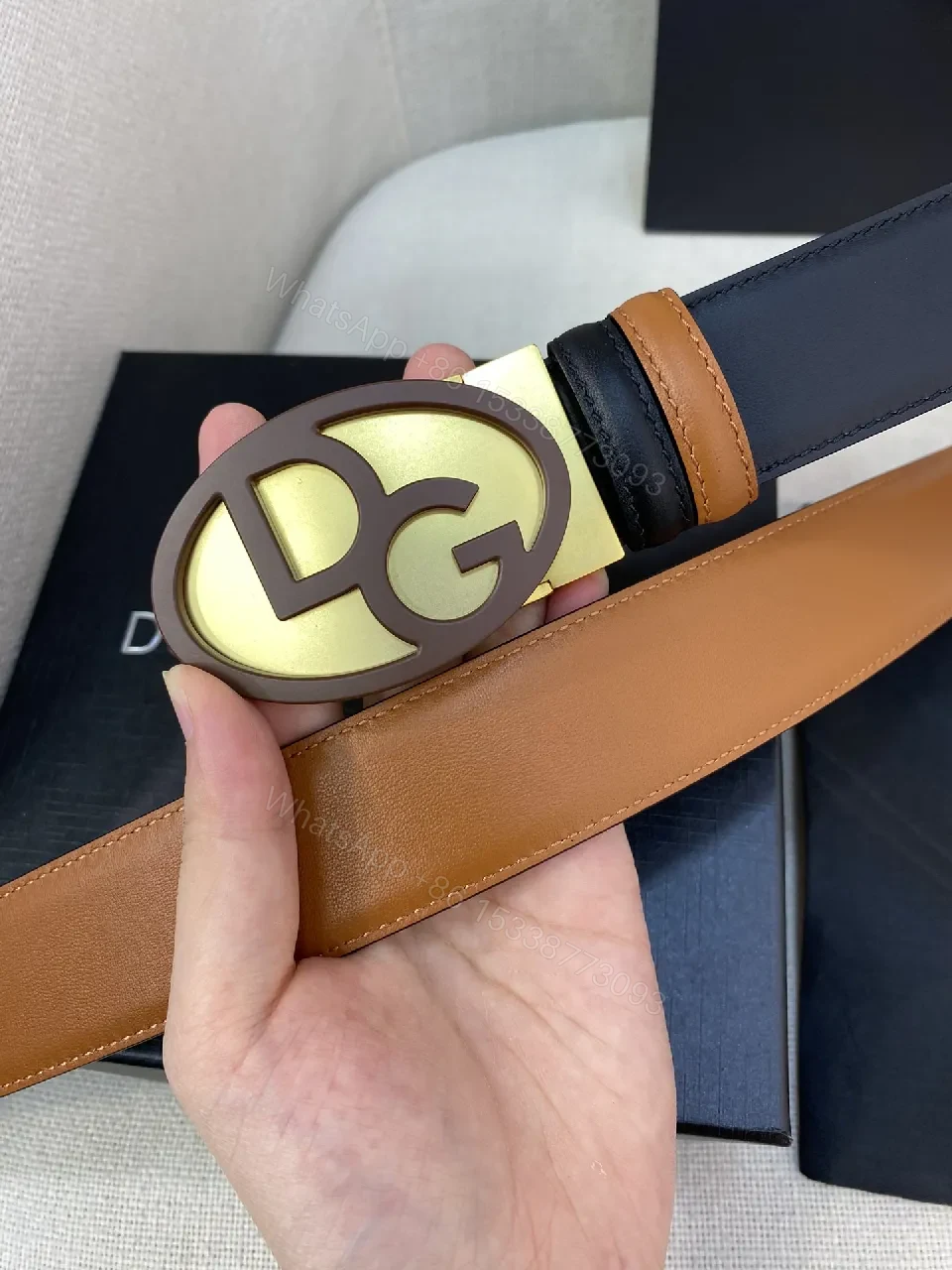 View 3 of Chic Italy Leather Belt with Bold Gold Logo Detail