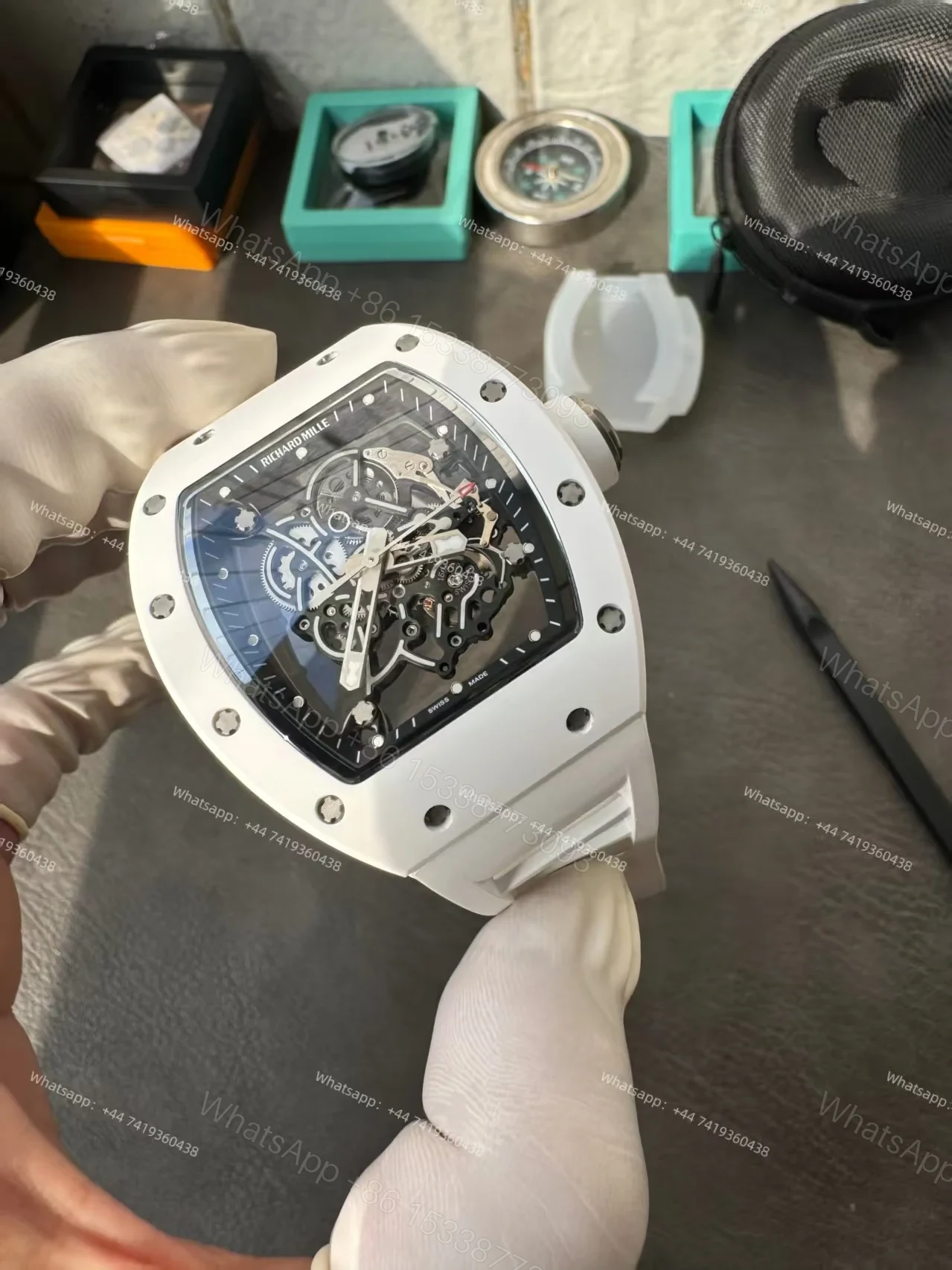 View 14 of Richard Mille RM 055 White Ceramic Skeleton Vaucher Free-Sprung Movement White Rubber Strap Custom Super Clone