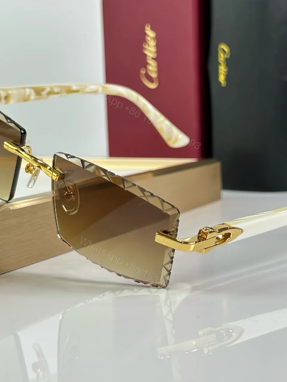 View 3 of Rimless Shield Sunglasses: Gold Accents, Luxury Minimalism