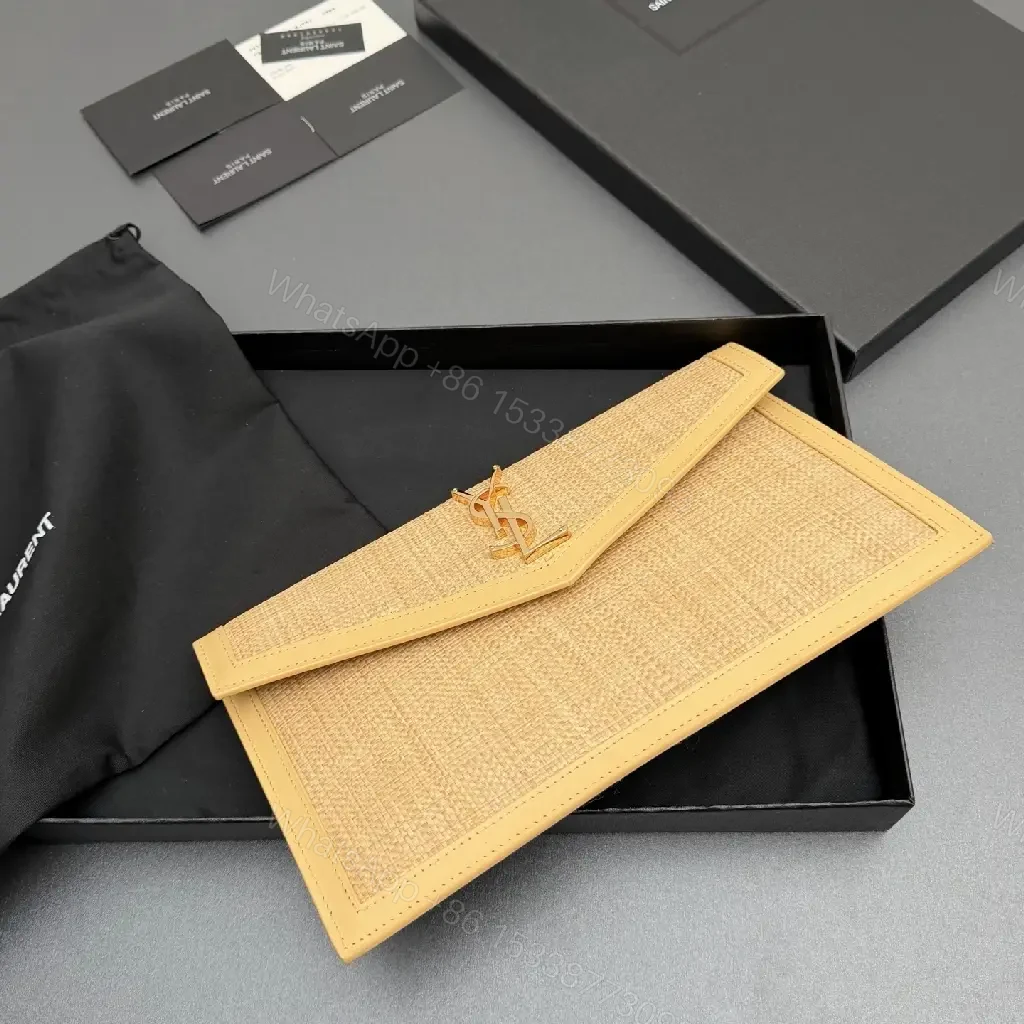 View 2 of Envelope-Woven Wallet on Chain: Luxe Textured Straw & Leather Trim