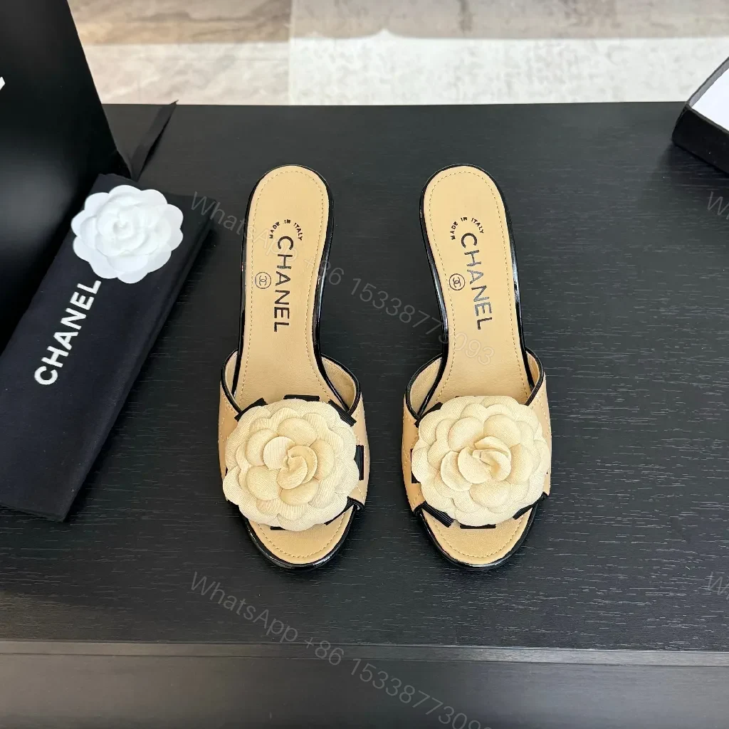 View 3 of Beige Quilted Leather Mules: Camellia, Sculpted Heel, Open-Toe