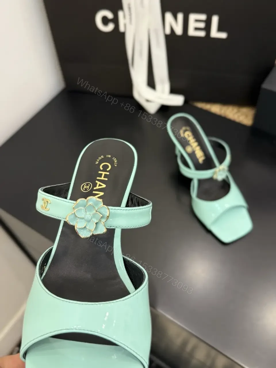 View 8 of Mint Satin Open-Toe Block Heel Sandals - Modern Luxe Comfort
