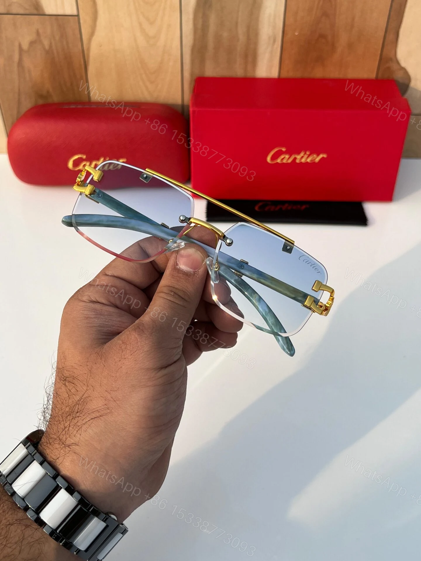 View 3 of Cartier Square Blue Gradient Metal Frame Sunglasses