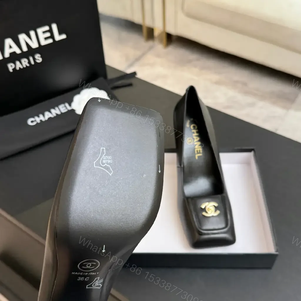 View 7 of Black Leather Heels with Iconic Hardware Emblem, Square-Toe, Block Heel