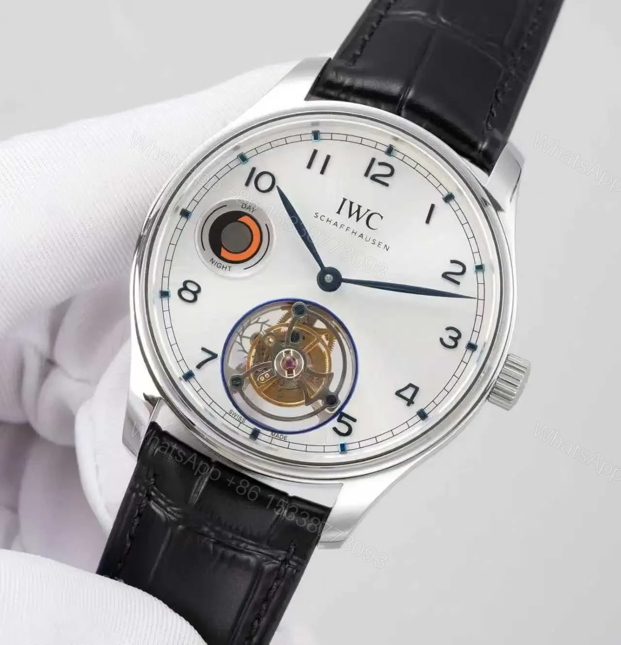 View 3 of IWC White Tourbillon Watch Silver Case Black Leather Strap Ultimate 42MM IWC-TOUR-WHT-SV42
