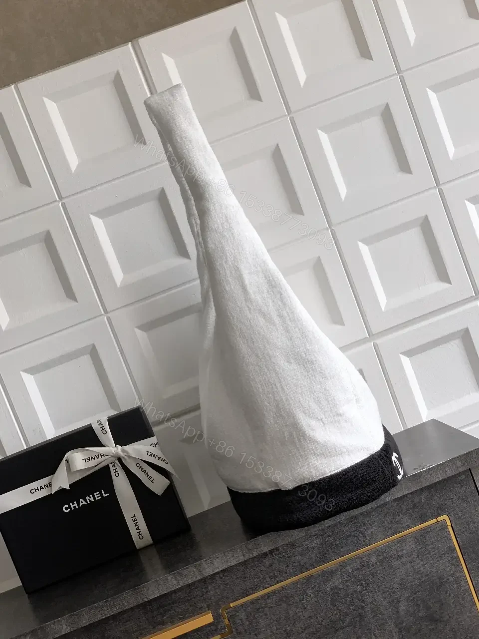 View 3 of Two-Tone Knit Slouchy Hobo Bag with Chanel-Inspired Logo