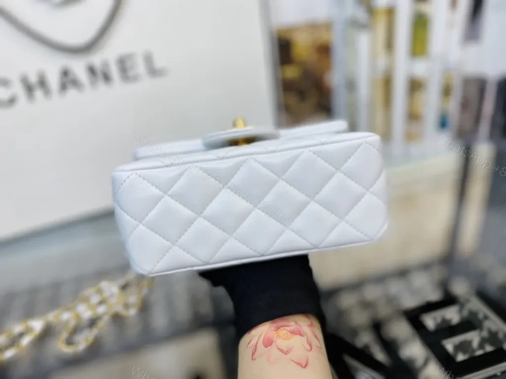 View 2 of Pristine White Quilted Bag with Gold Chain