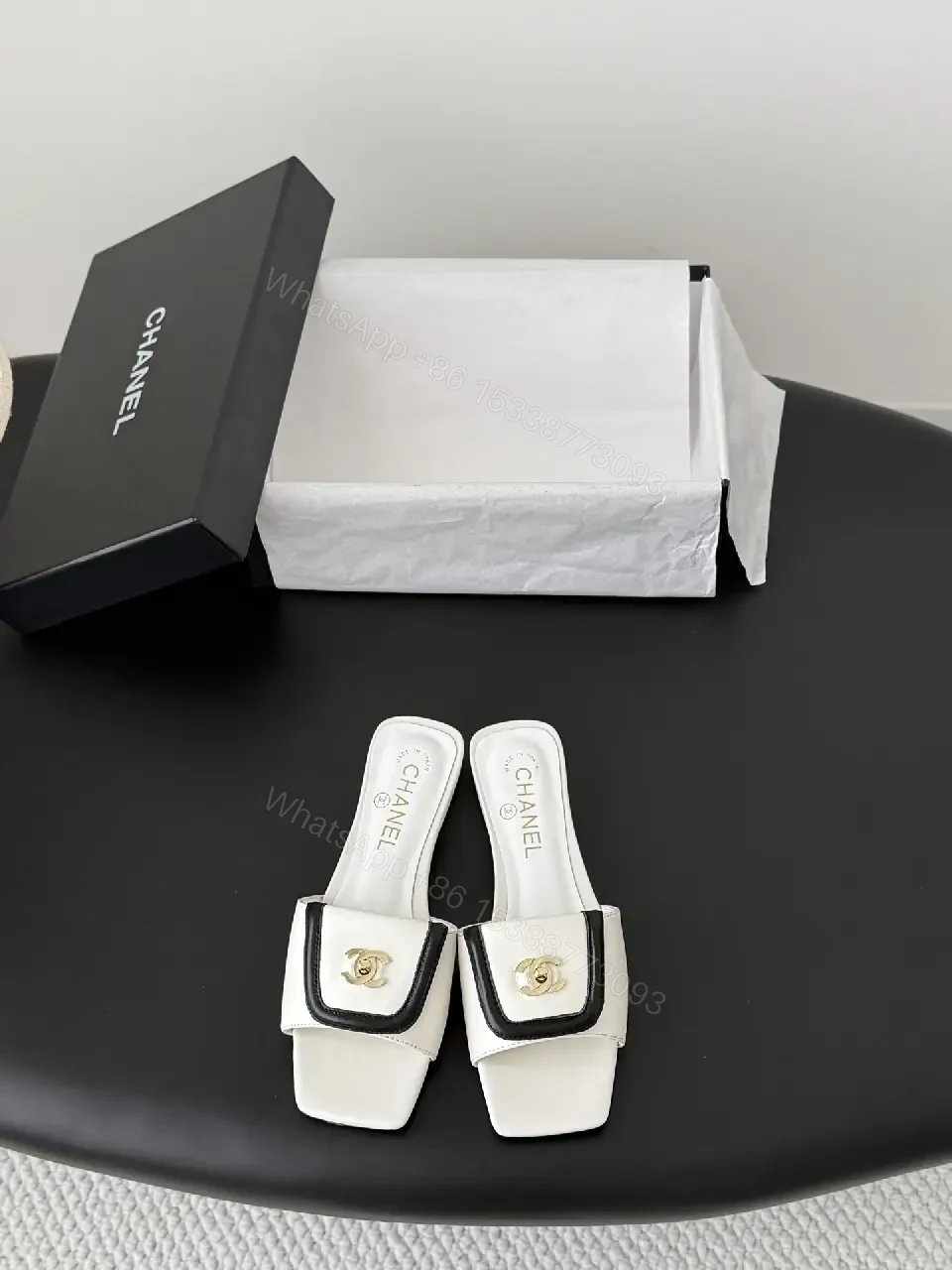 View 2 of White Leather Mules - Gold Logo Hardware, Open-Back Square Toe