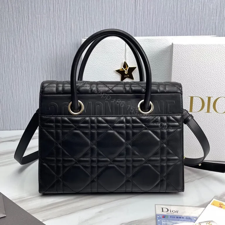 View 9 of Black Leather Quilted Handbag with Gold Dior Emblem - Luxury Everyday