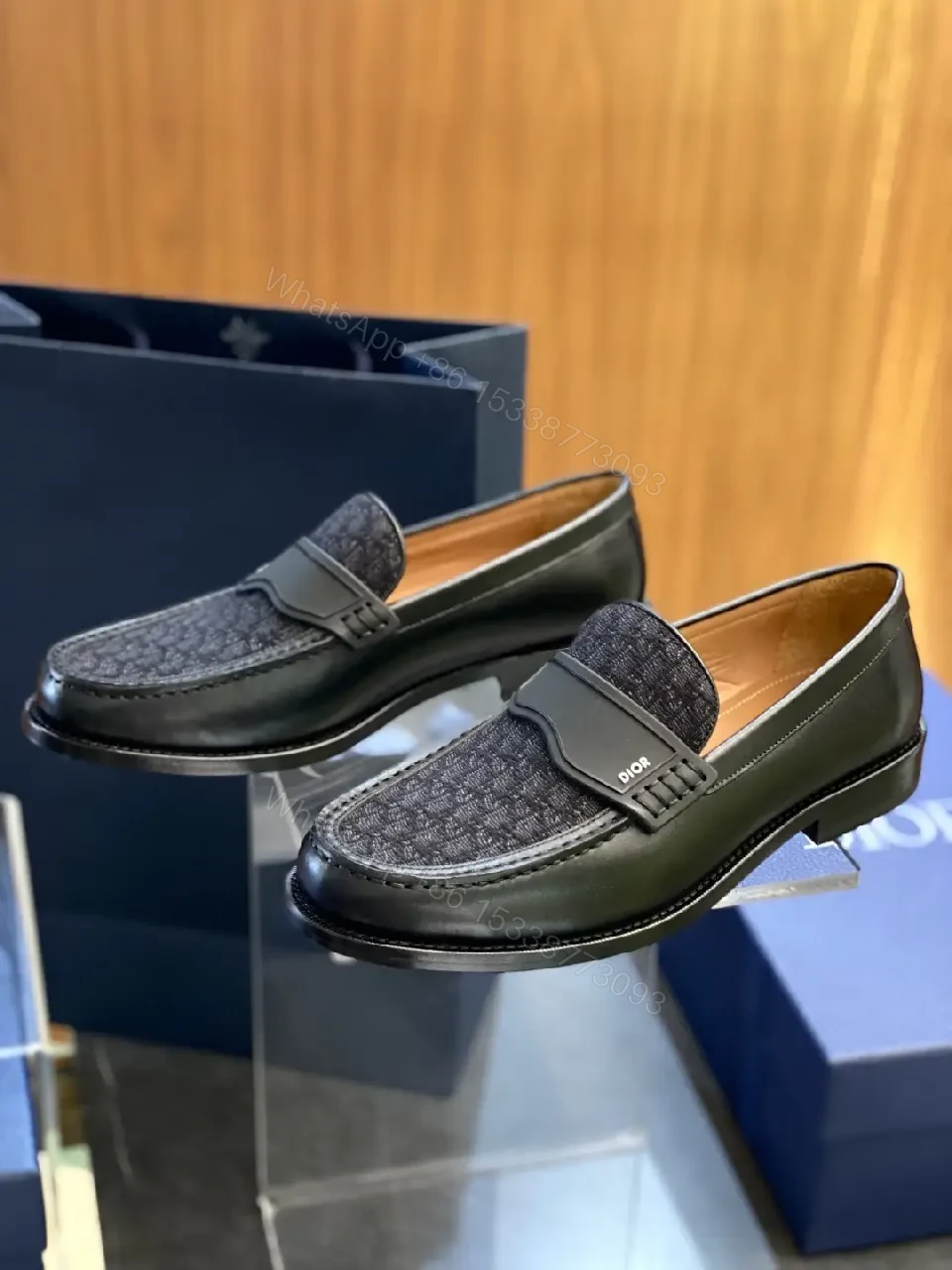 View 5 of Black Leather Dior-Pattern Slip-On Loafers