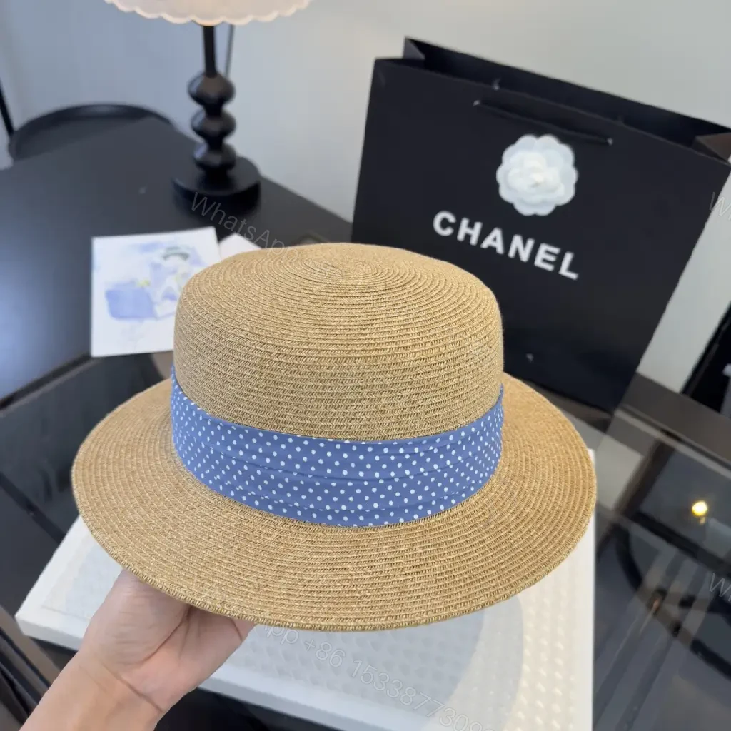 View 6 of Natural Tan Straw Boater Hat with Blue Polka Dot Band and Chanel Clasp