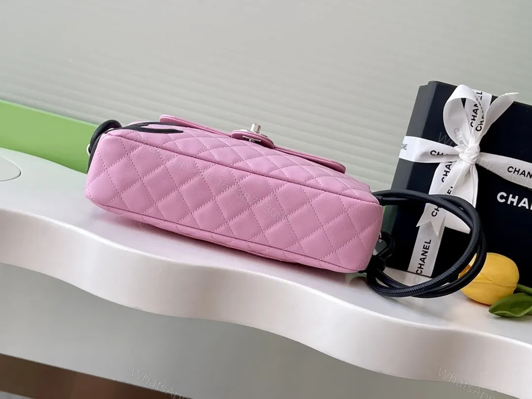 View 3 of Pink Quilted Handbag with Logo Hardware, Compact Classic Style