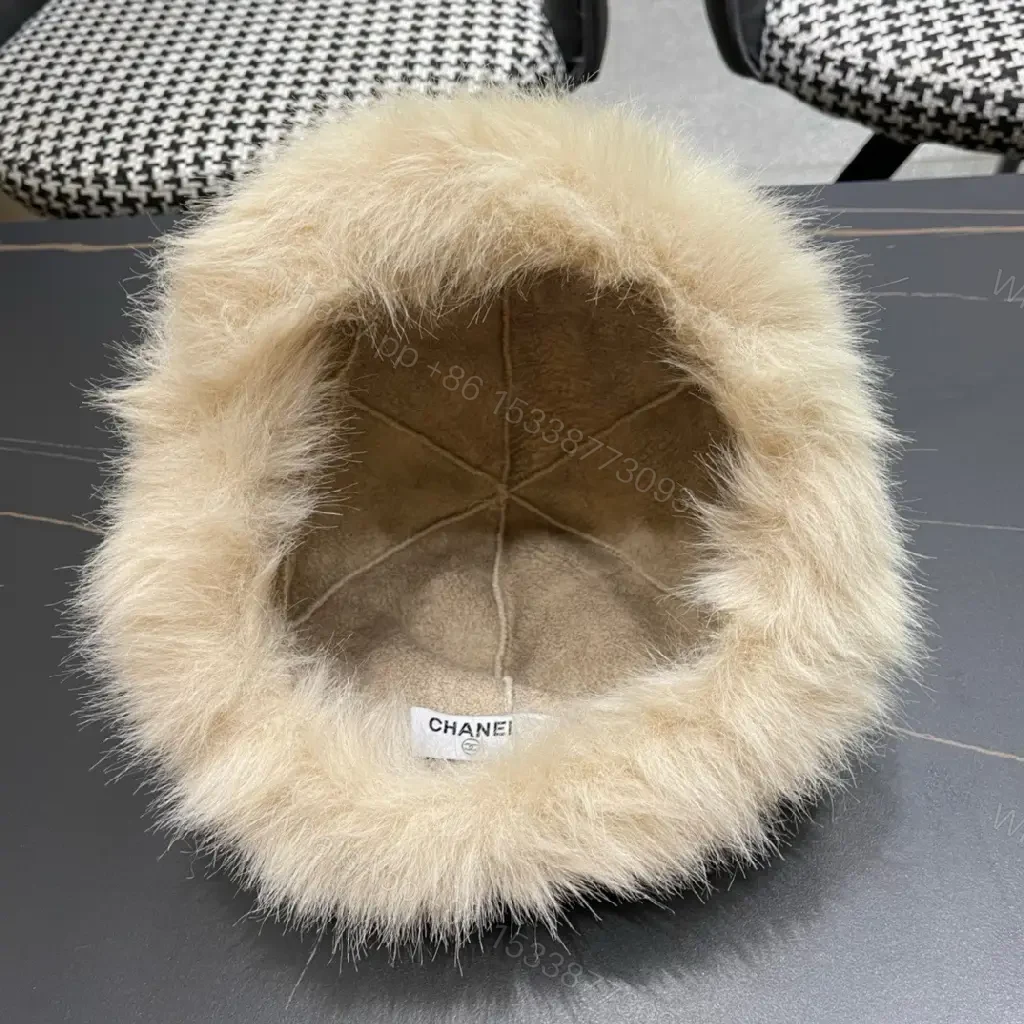 View 5 of Cream Faux Fur Pom Hat: Lux Soft Warmth, Subtle Logo Accent