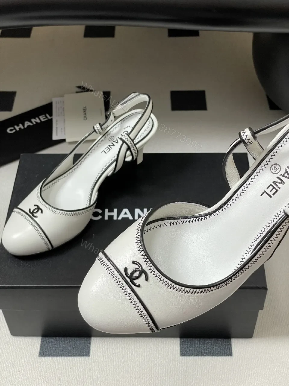 View 9 of White Leather Slingback Kitten Heels with Contrast Stitch