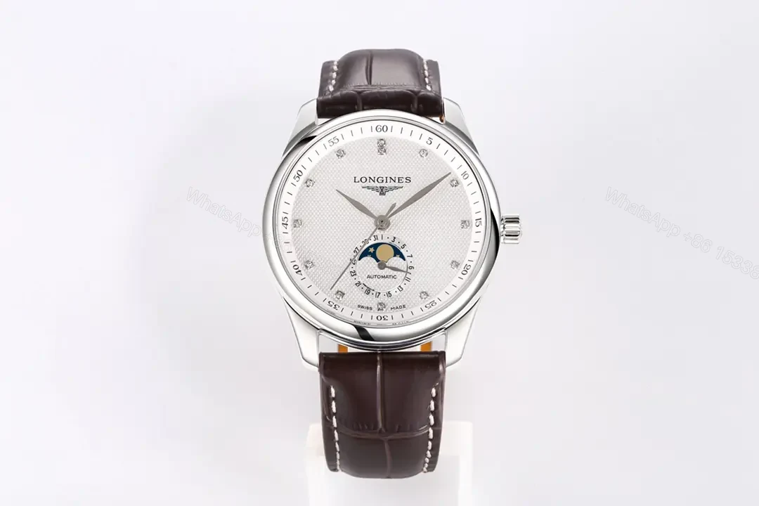 View 2 of Longines Master Collection Moon Phase 40mm Watch Silver Dial Blue Hands Brown Leather Strap
