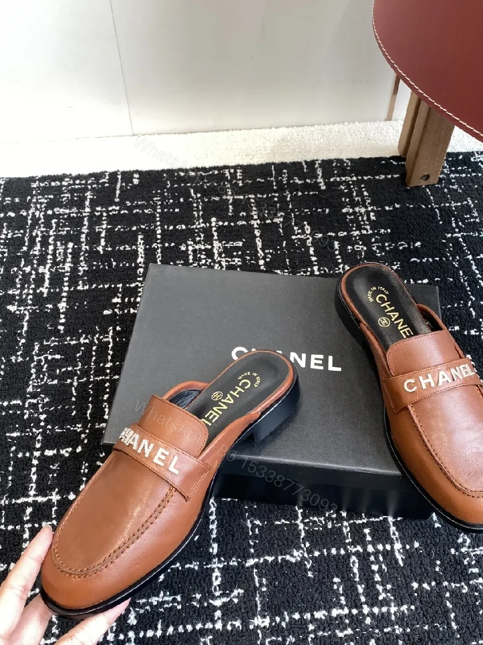 View 9 of Caramel Leather Mules with Bold Logo – Luxury Comfort Slips