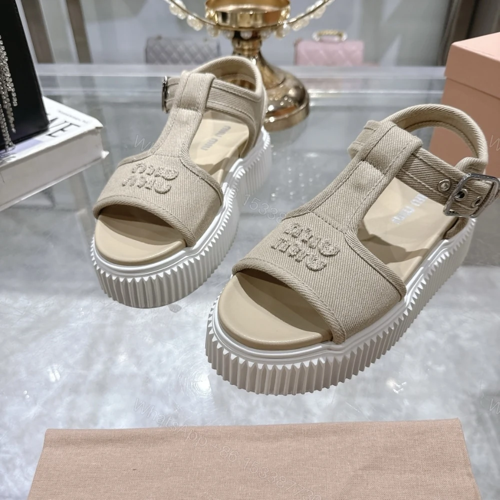 View 4 of MIUMIU DENIM FLATFORM SANDALS COLONIAL BEIGE 5X402E CSL F0044 F 045