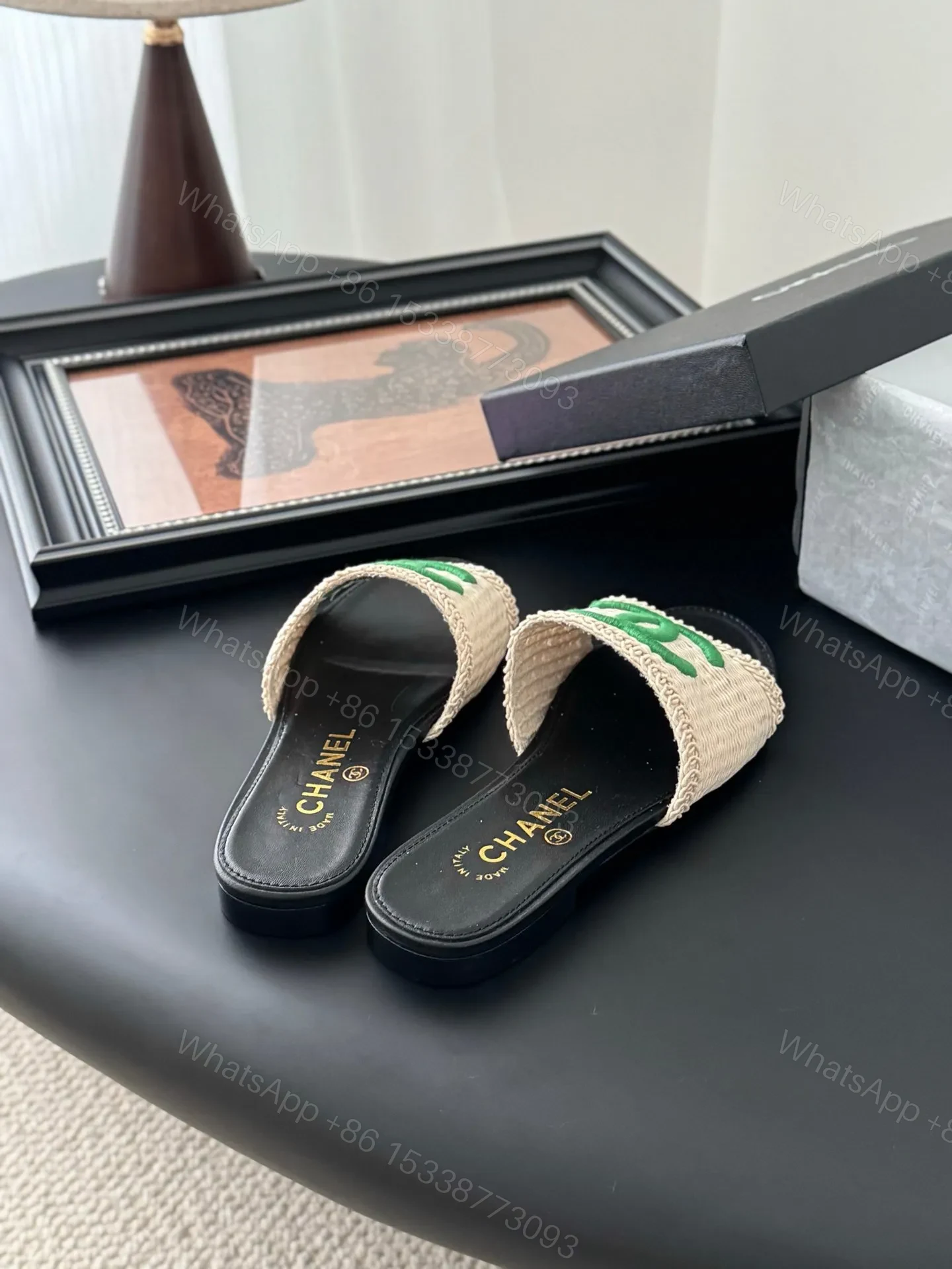 View 3 of Chanel Women Beige Fabric Green Logo Slides