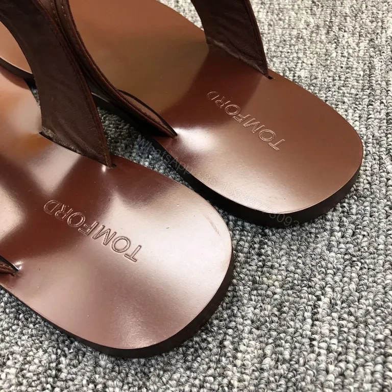 View 8 of Brown Leather T-Bar Sandal with Gold Hardware - Tom Ford Style