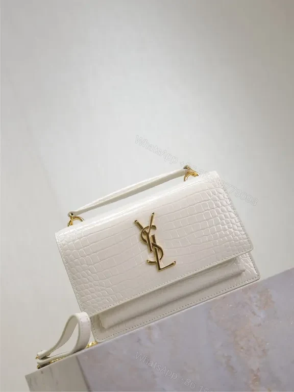 View 4 of Croc-Embossed Mini Bag with Gold YSL Logo, White
