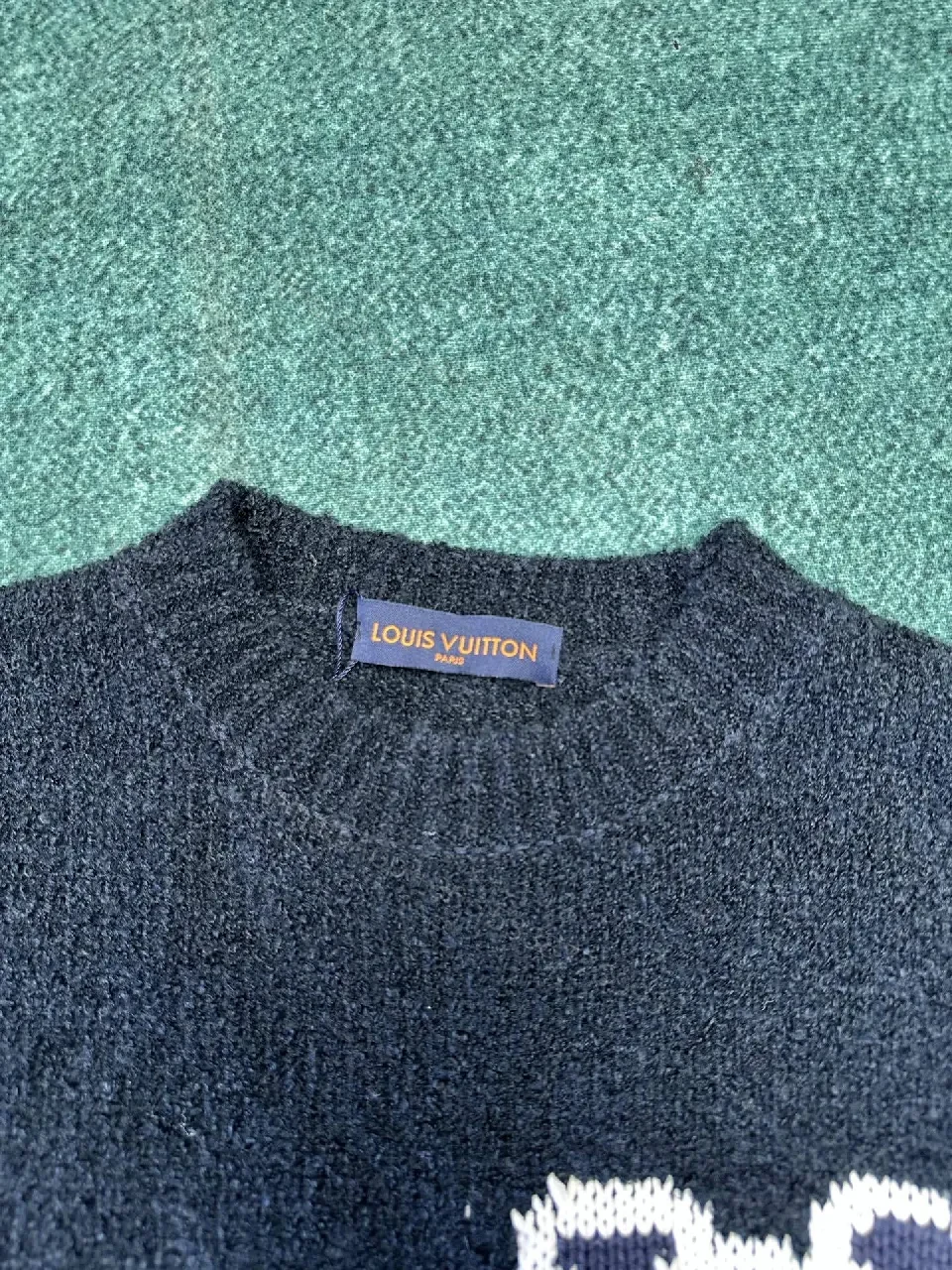 View 2 of Textured Knit Crewneck with Subtle LV Emblem, Navy, Mid-Weight Luxury