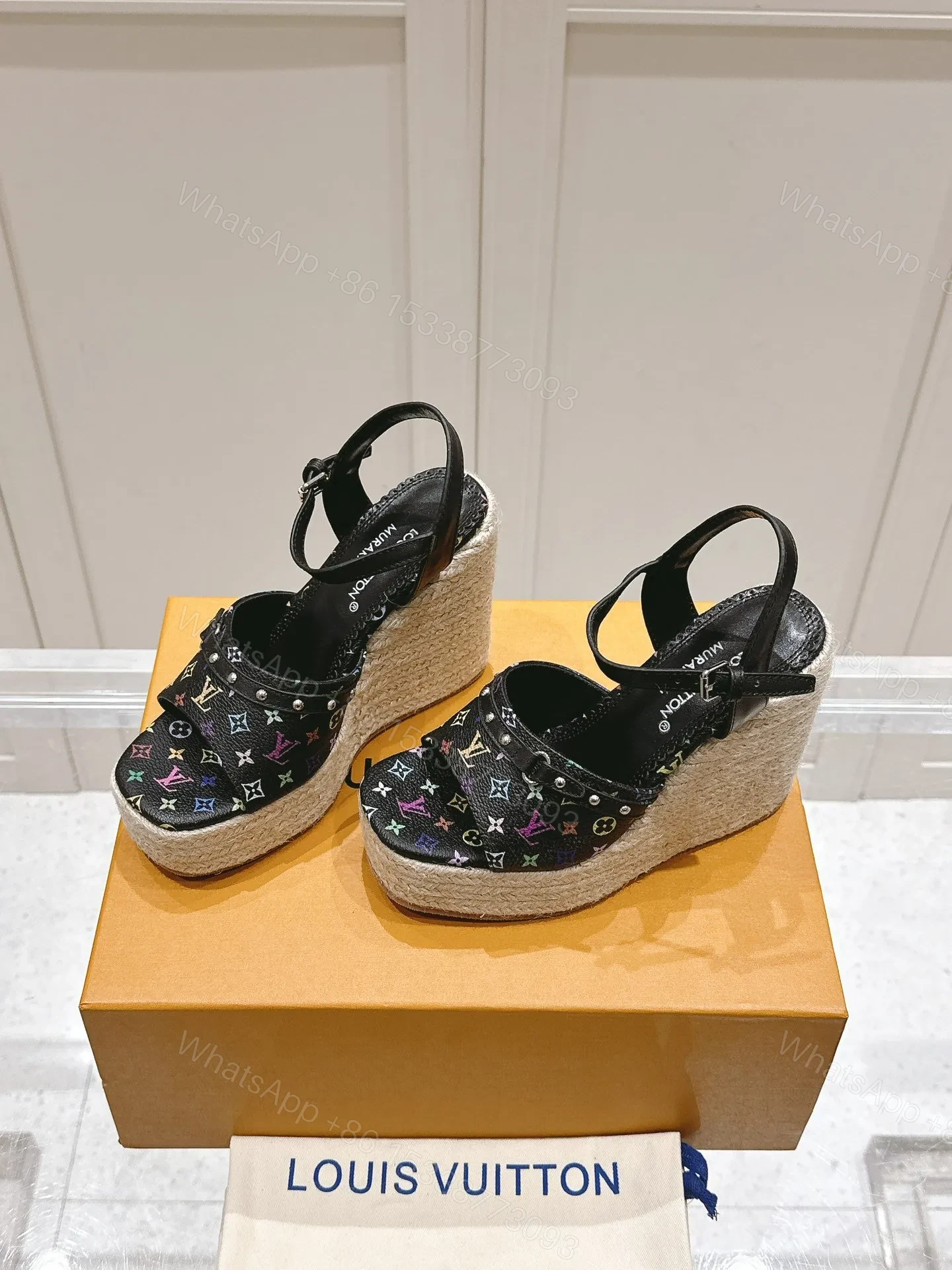 View 3 of LV Women Black Leather Espadrille Wedge Sandals