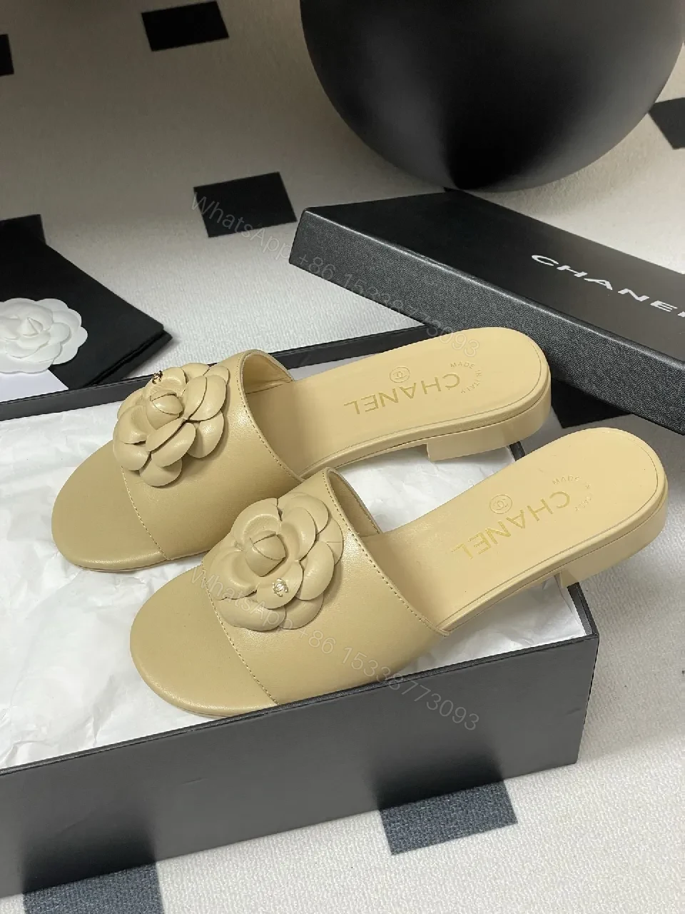 View 9 of Camellia Leather Slides — Soft Nude Comfort, Couture Detail, Everyday Luxury
