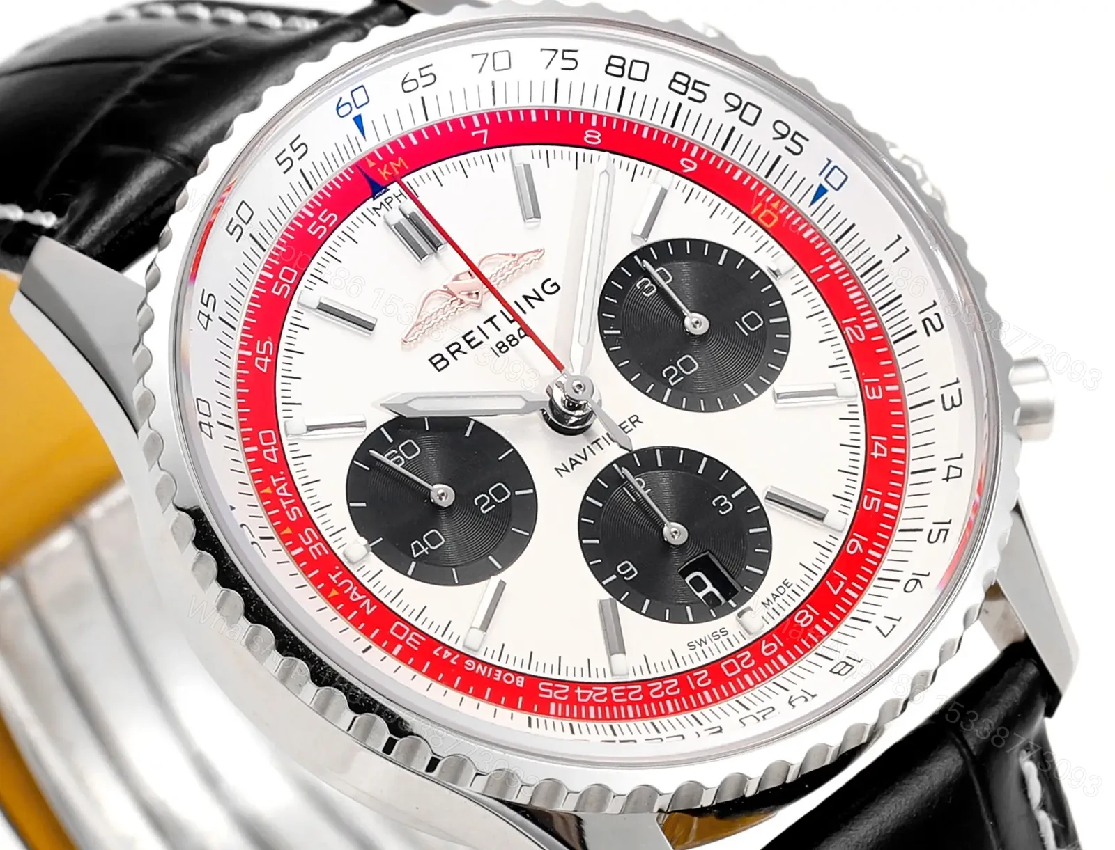 View 3 of Breitling Navitimer B01 Chronograph 43 Stainless Steel Boeing Leather Strap 747 Alligator Folding AB01383B1G1P1