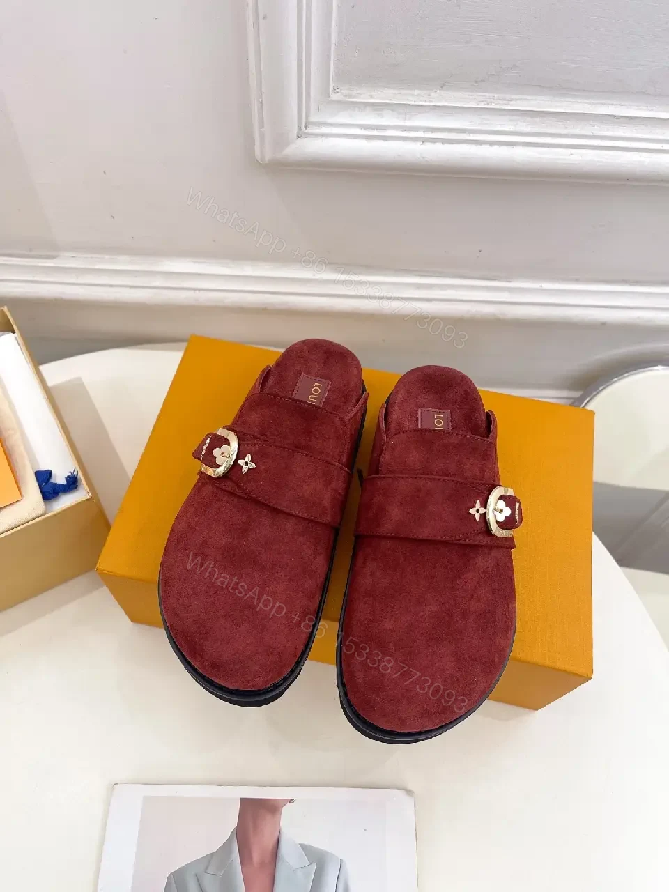 View 9 of Burgundy Suede Slipper Mule with Gold Buckle